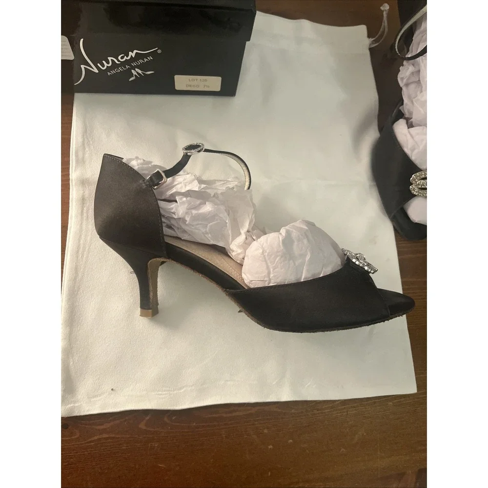 Angela Nuran Vintage Open Toe Adjustable Strap Satin Black Heels‎ 7.5